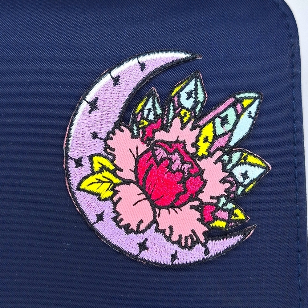 Crescent moon patch with Crystals Rose floral purple wearable art